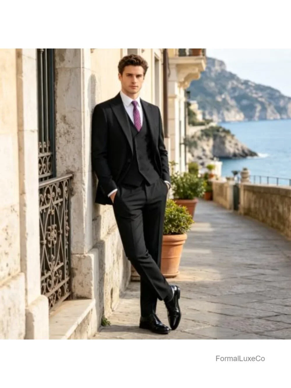 Men's 3 Piece Slim Fit Suit Set Polyester Blend Wedding Tuxedo Blazer Vest Pants